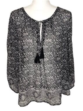 Joie Women 100% Silk Boho Blouse Top Shirt Size Medium Black Gray Floral